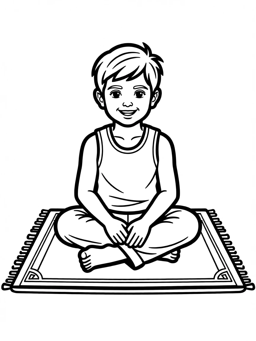 A Turkish boy in simple vest and pants, with a small carpet on the floor.