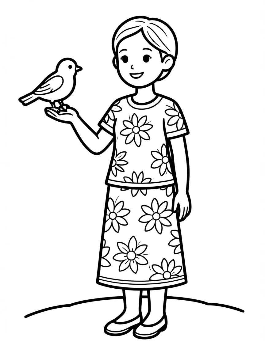 An Indonesian girl in a simple batik dress, with a small bird.