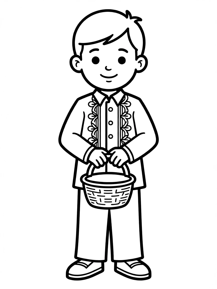 A Filipino boy in a plain barong Tagalog, holding a small basket.
