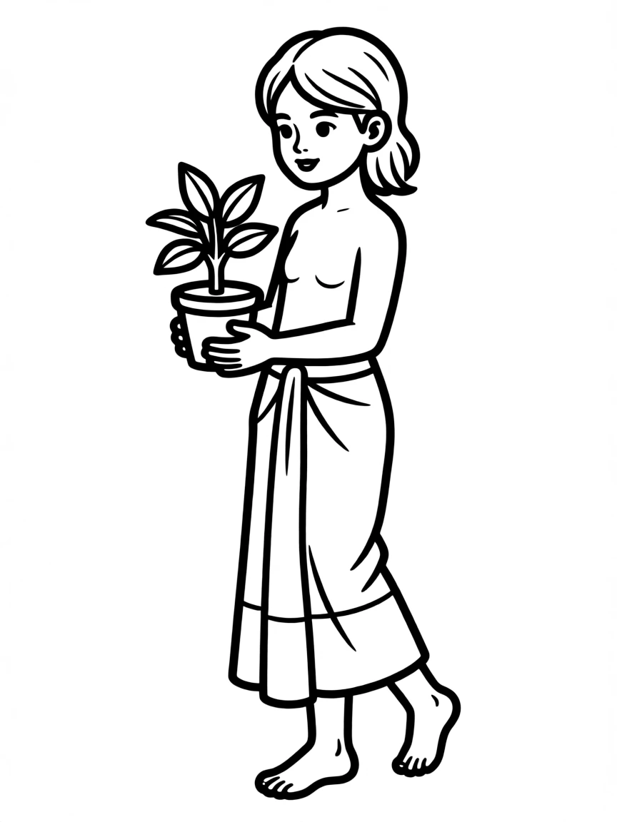 A Cambodian girl in a simple sampot, with a small plant.