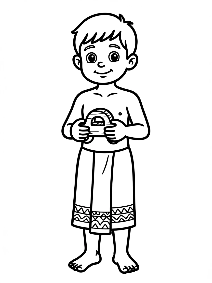A Laotian boy in a simple sinh, with a small wooden toy.