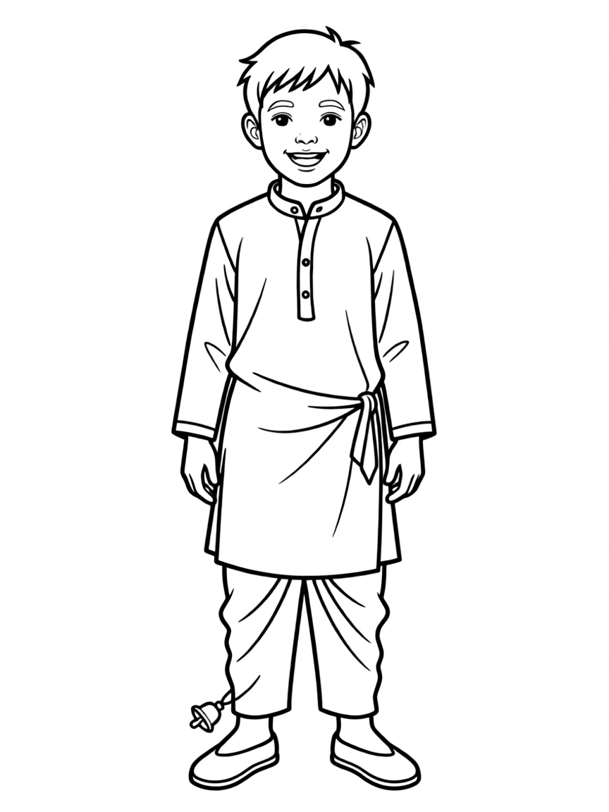 A Nepalese boy in a plain daura suruwal, with a small bell.