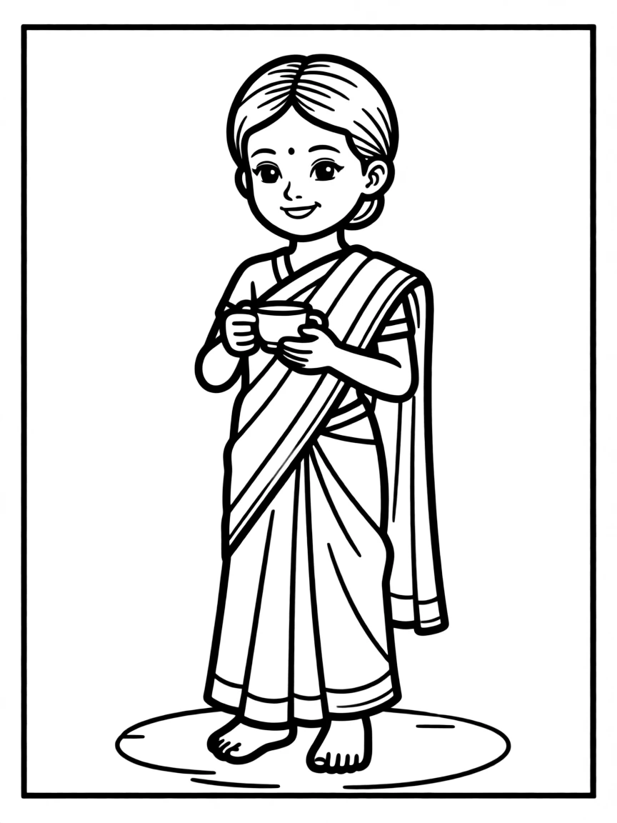 A Sri Lankan girl in a simple sari, with a small tea cup.