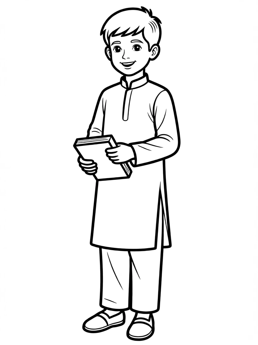 A Bangladeshi boy in a plain panjabi, with a small book.