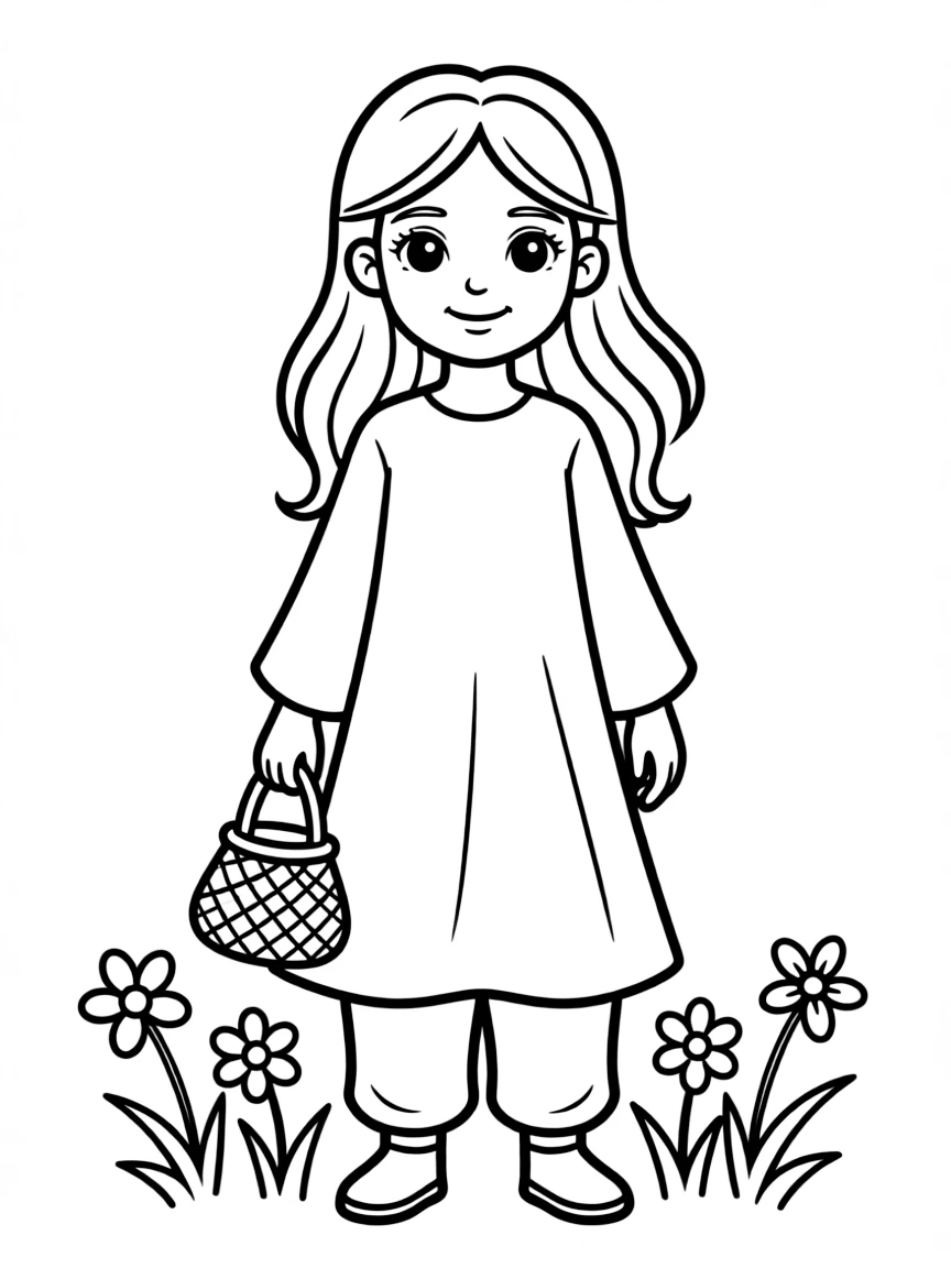 An Afghan girl in a plain perahan tunban, with a small woven bag.