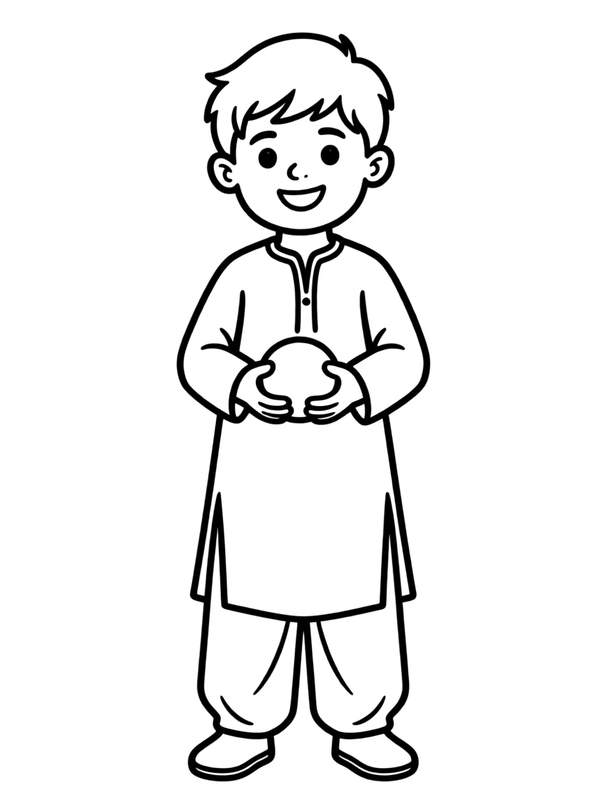 A Pakistani boy in a plain shalwar kameez, with a small ball.
