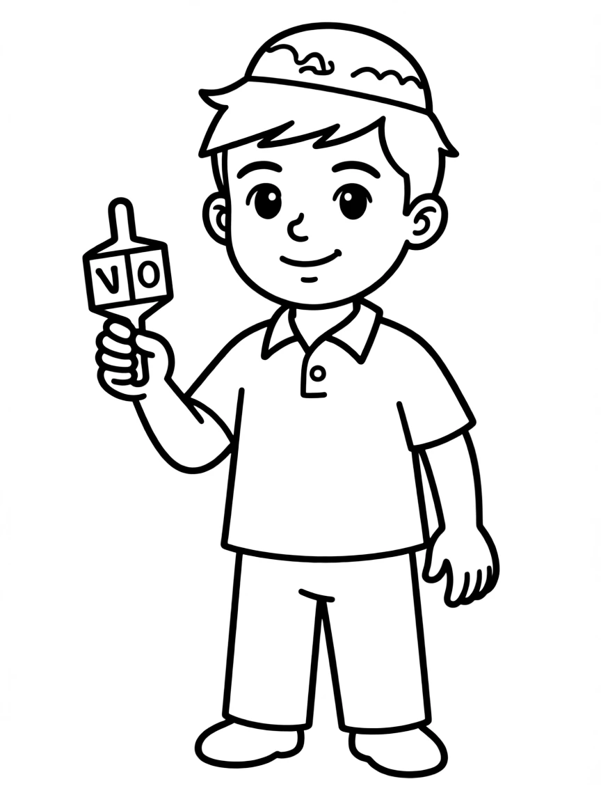 An Israeli boy in a plain kipa, with a small dreidel.