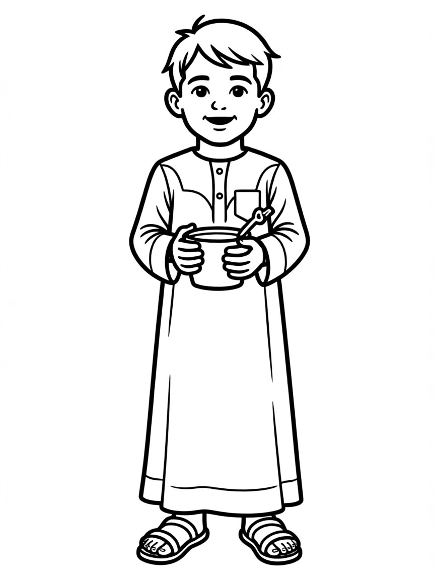 A Saudi Arabian boy in a plain thobe, with a small sand toy.