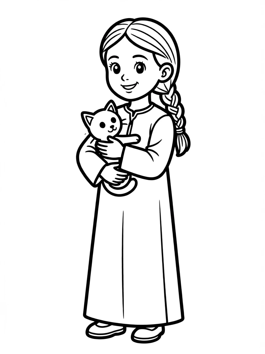 A Palestinian girl in a plain thobe, with a small toy cat.