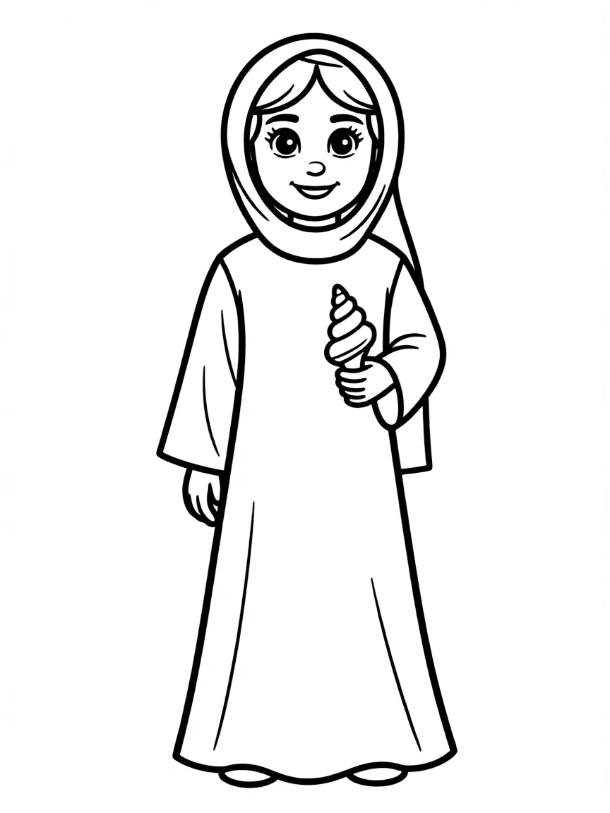 An Omani girl in a plain dishdasha, with a small seashell.