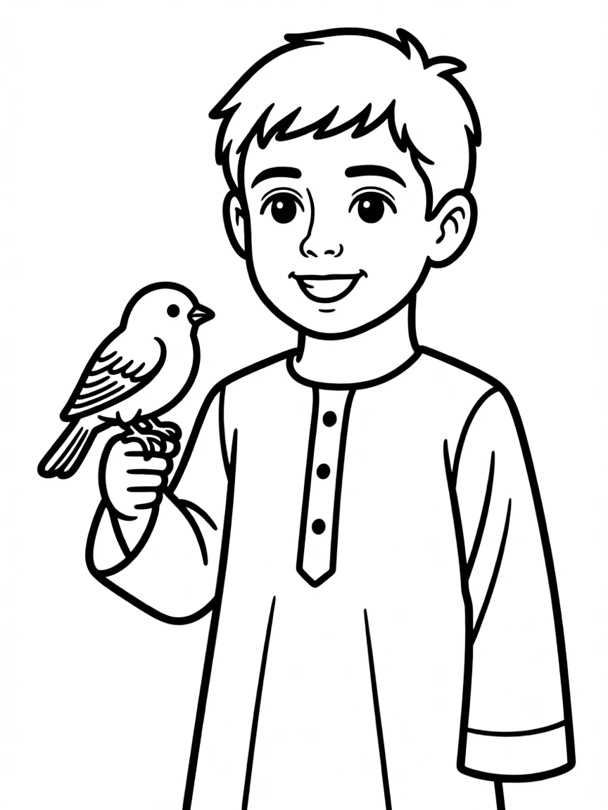 A Yemeni boy in a plain traditional shirt, with a small bird.
