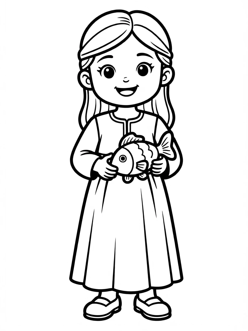 An Iraqi girl in a plain traditional dress, with a small toy fish.