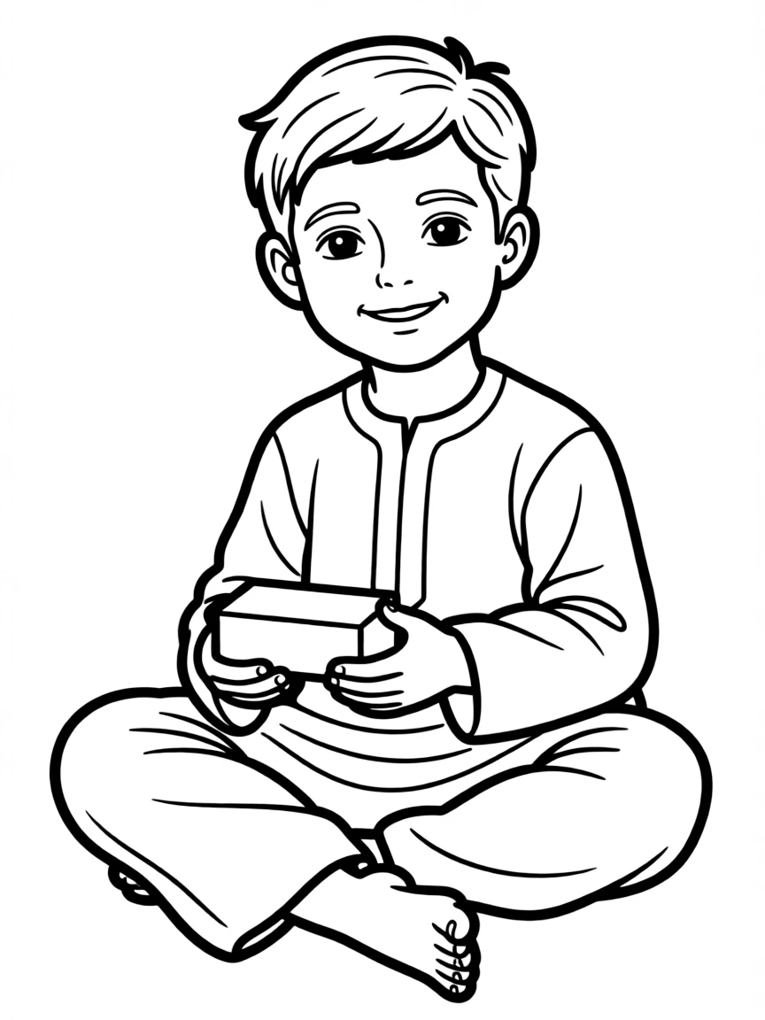 A Syrian boy in a plain traditional outfit, with a small building block.