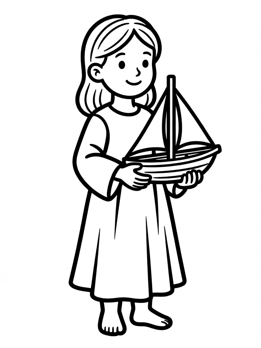 A Lebanese girl in a plain traditional dress, with a small toy boat.