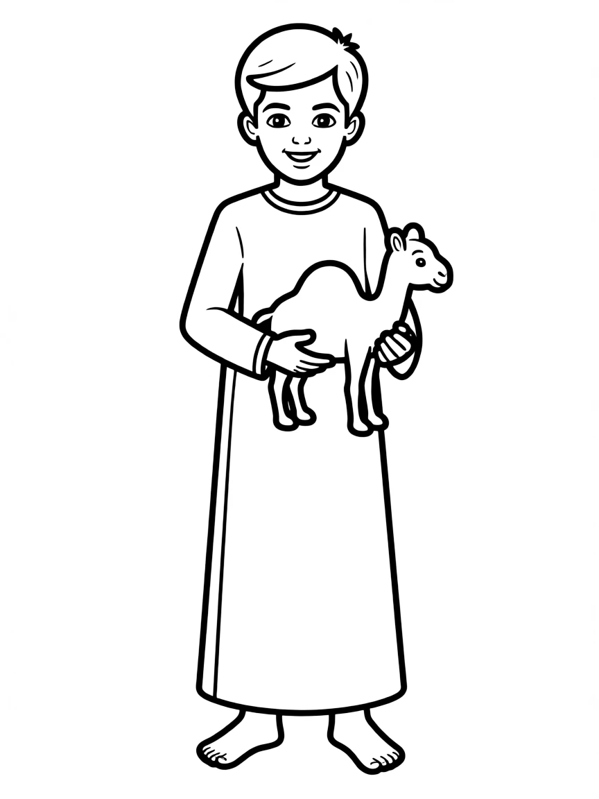 A Jordanian boy in a plain thobe, with a small toy camel.