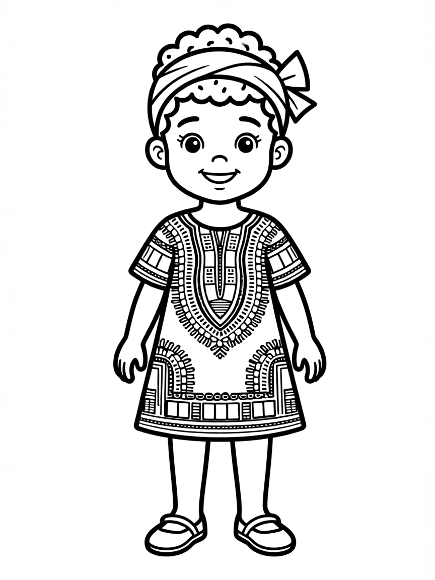 A smiling African child in a colorful Ankara dress with a simple head wrap.