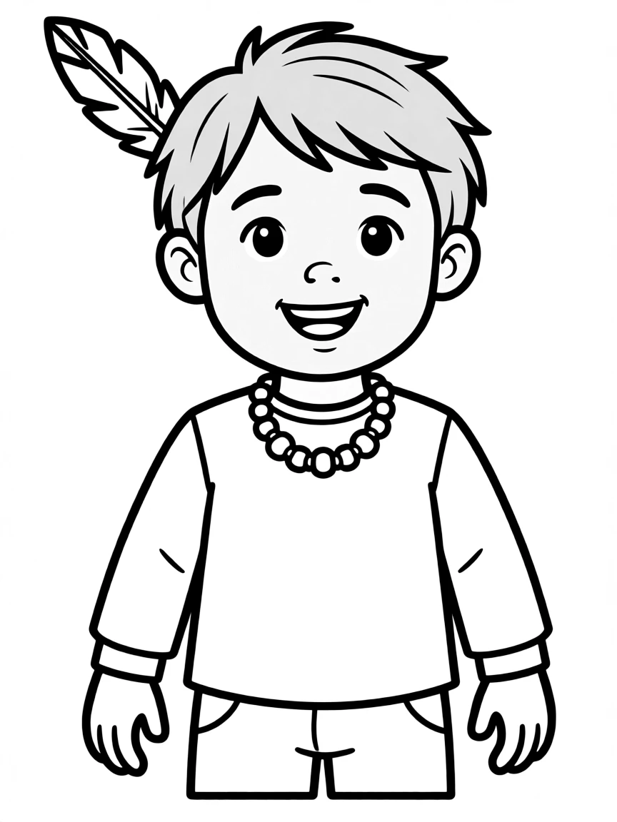 A happy Native American child with a single feather in their hair, wearing a simple beaded necklace.