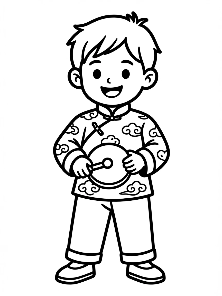 A cheerful Chinese child in a red tunic with a simple cloud pattern, holding a small drum.
