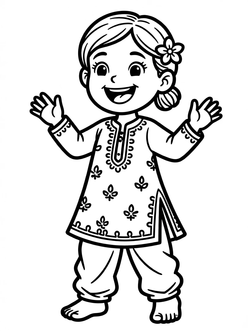 A joyful Indian child in a yellow salwar kameez, with a small flower in their hair.
