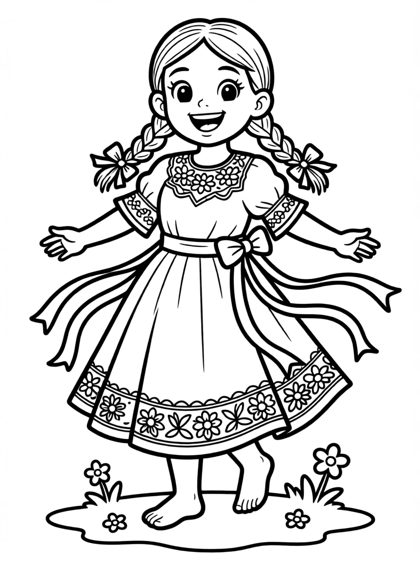 An excited Mexican child in a white embroidered dress with colorful ribbons.
