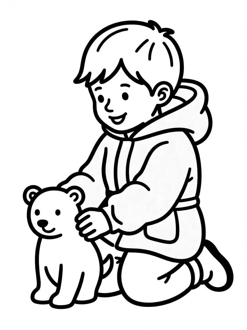 An Inuit child in a plain brown parka, playing with a toy polar bear.