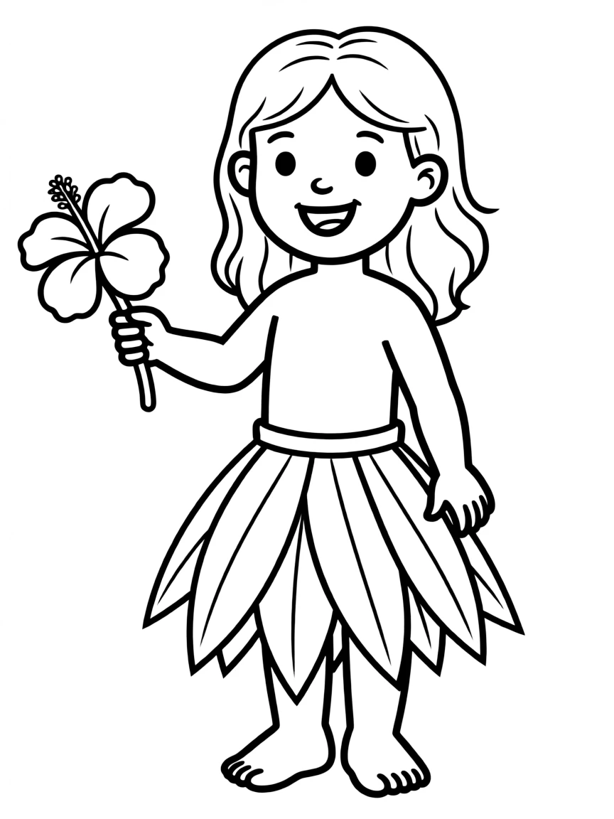 A Hawaiian child with a single hibiscus flower, wearing a simple green leaf skirt.