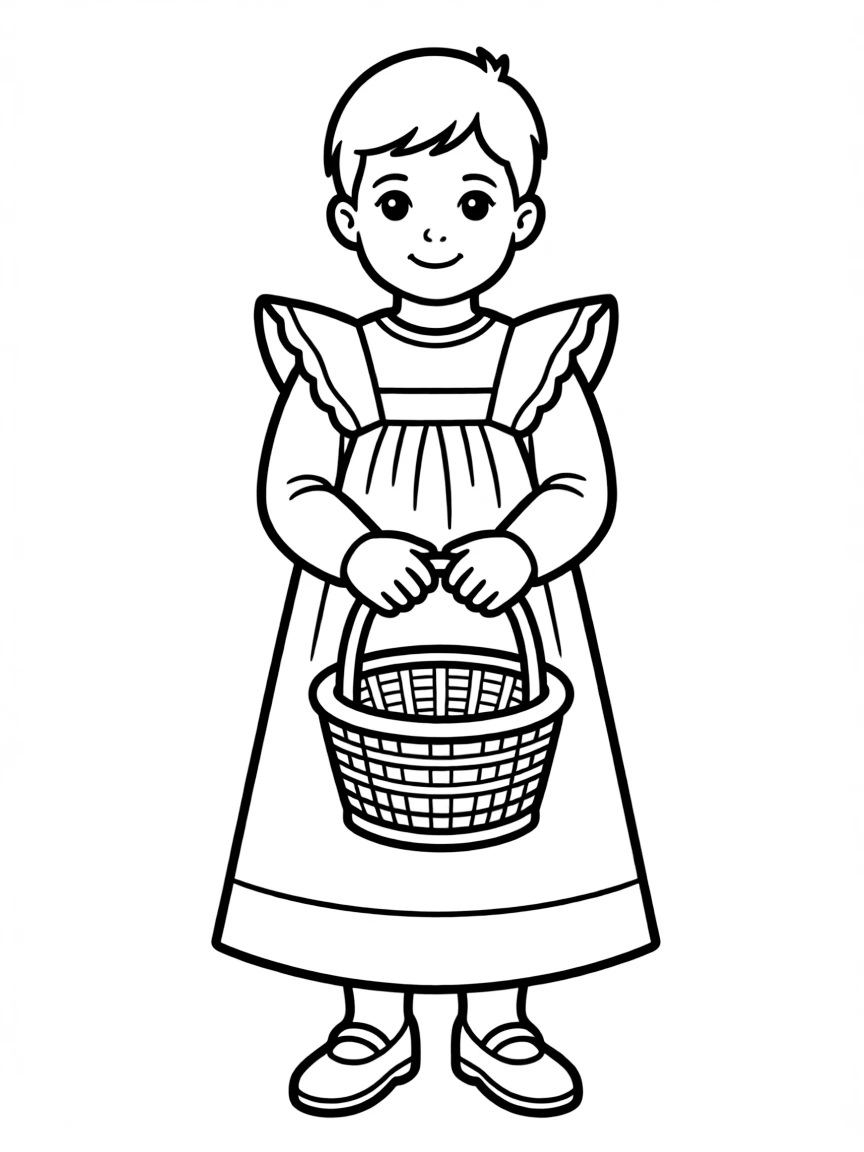 A Russian child in a simple red sarafan with white trim, holding a small basket.