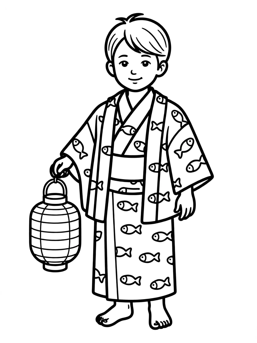 A Japanese child in a blue yukata with a simple fish pattern, holding a paper lantern.