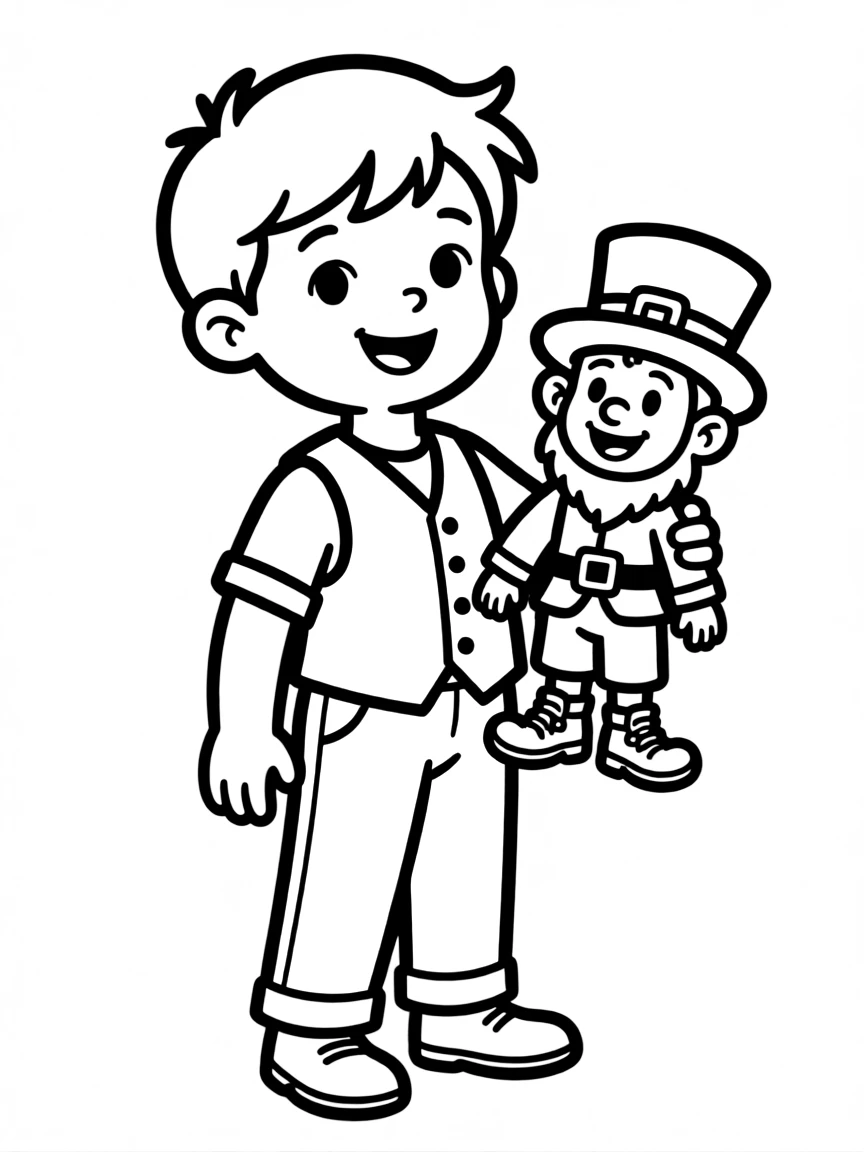 An Irish child in a simple green vest and trousers, with a small leprechaun toy.