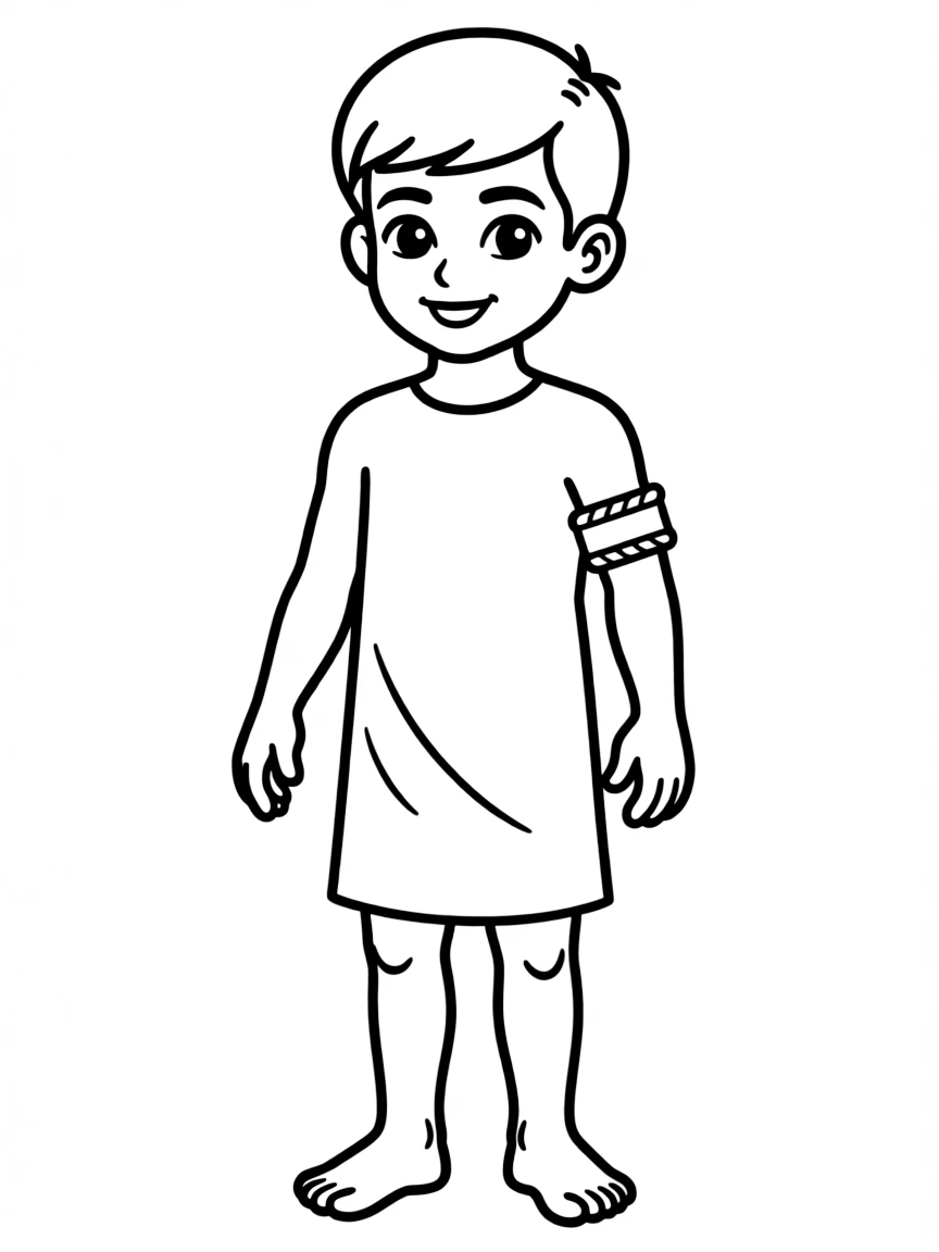 An Egyptian child in a plain white tunic, with a gold arm cuff.