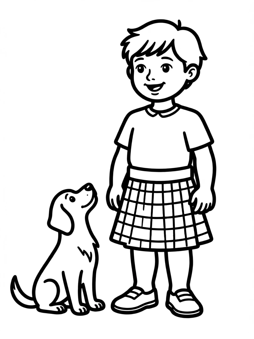 A Scottish child in a simple blue and green tartan kilt, with a small dog.
