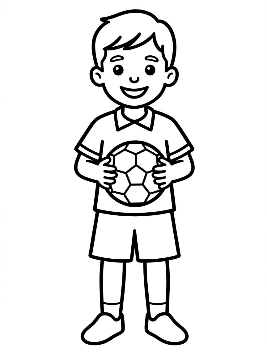A Brazilian child in a simple yellow and green outfit, holding a small soccer ball.