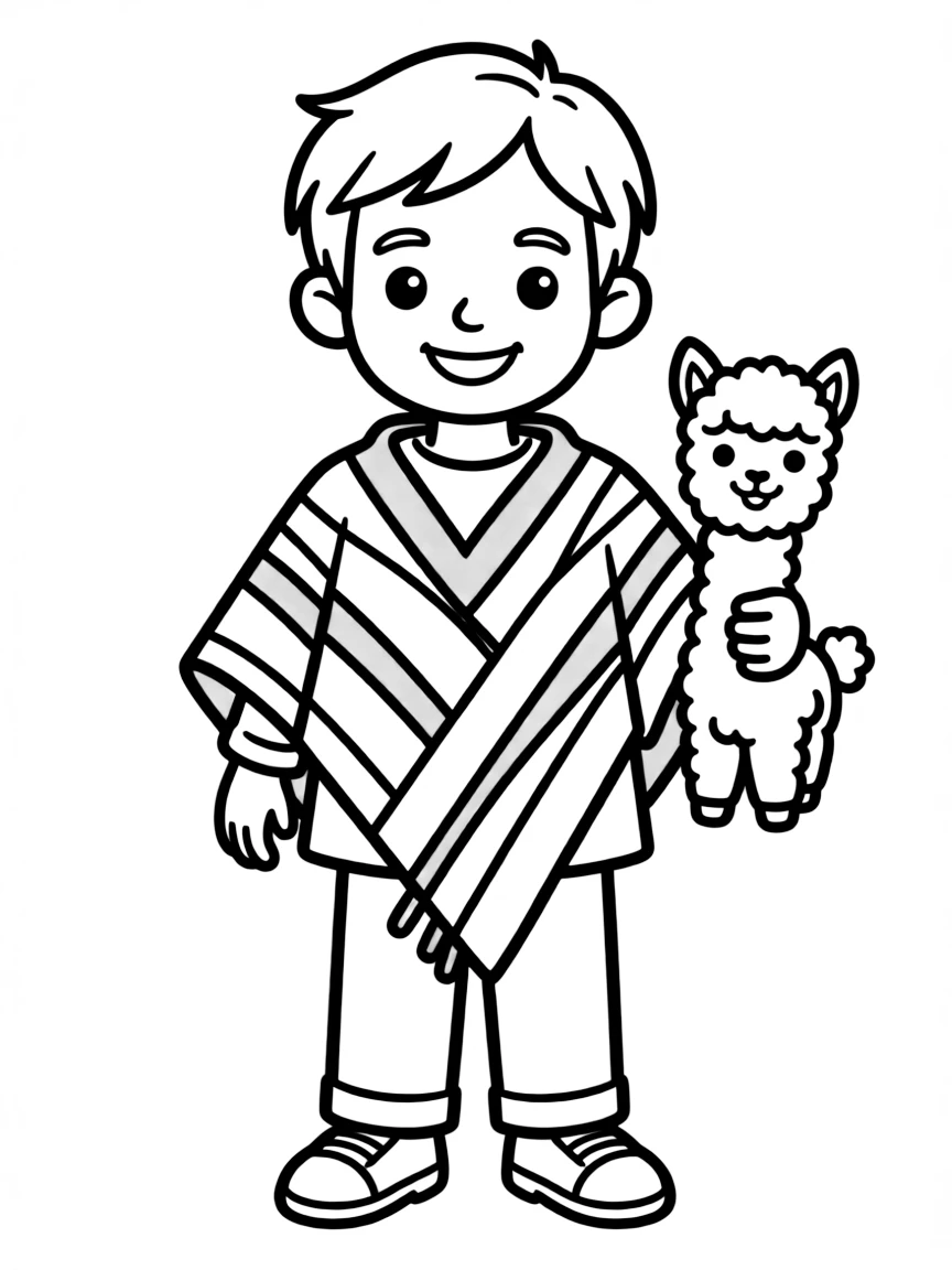 A Peruvian child in a simple red and white striped poncho, with a small toy llama.