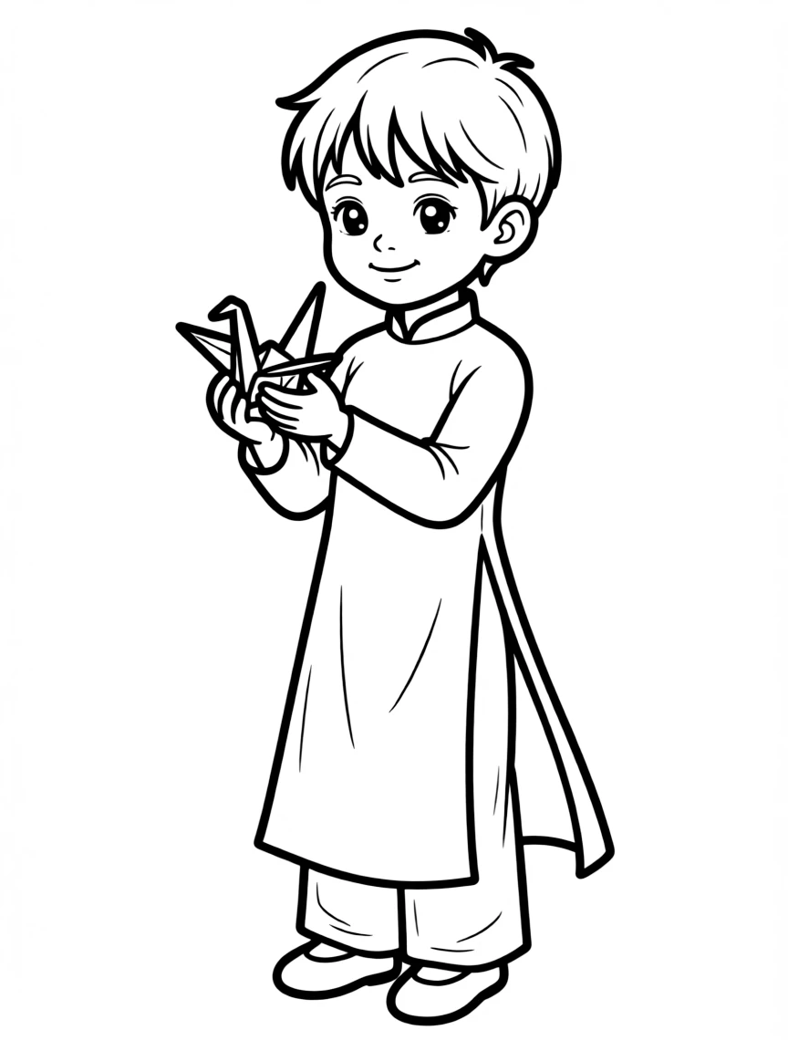 A Vietnamese child in a simple pink ao dai, holding a small paper crane.