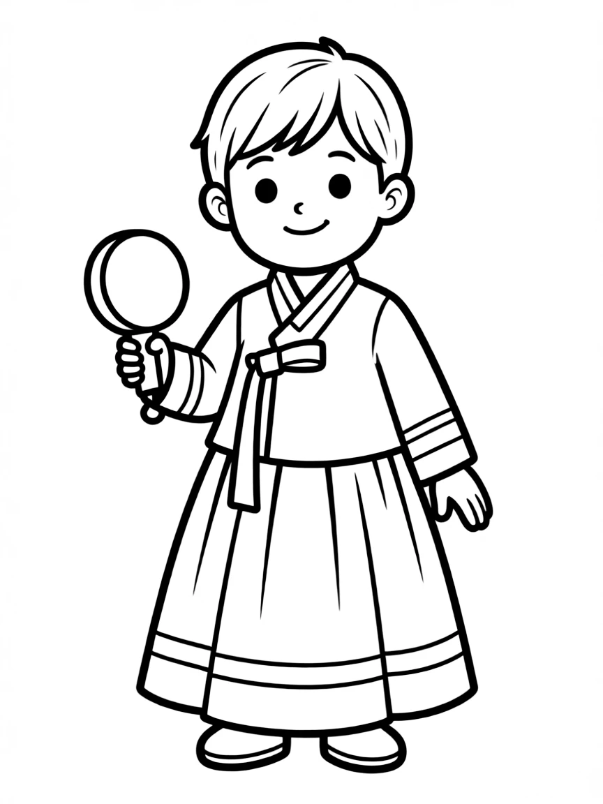 A Korean child in a simple light blue hanbok, with a small hand drum.