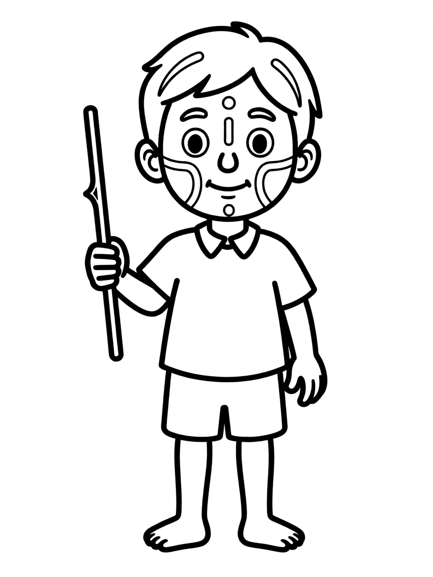 An Australian Aboriginal child with simple white lines on their face, holding a small stick.