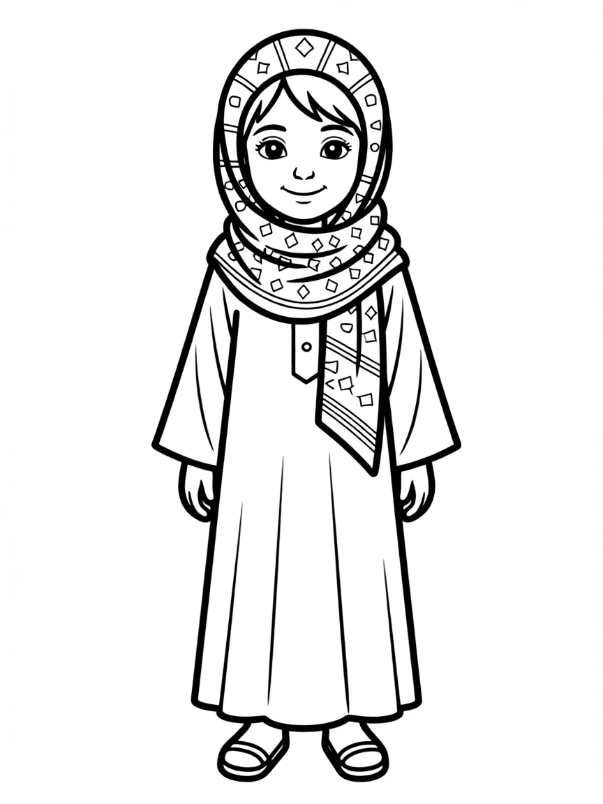 A Bedouin child in a plain black abaya, with a simple patterned scarf.