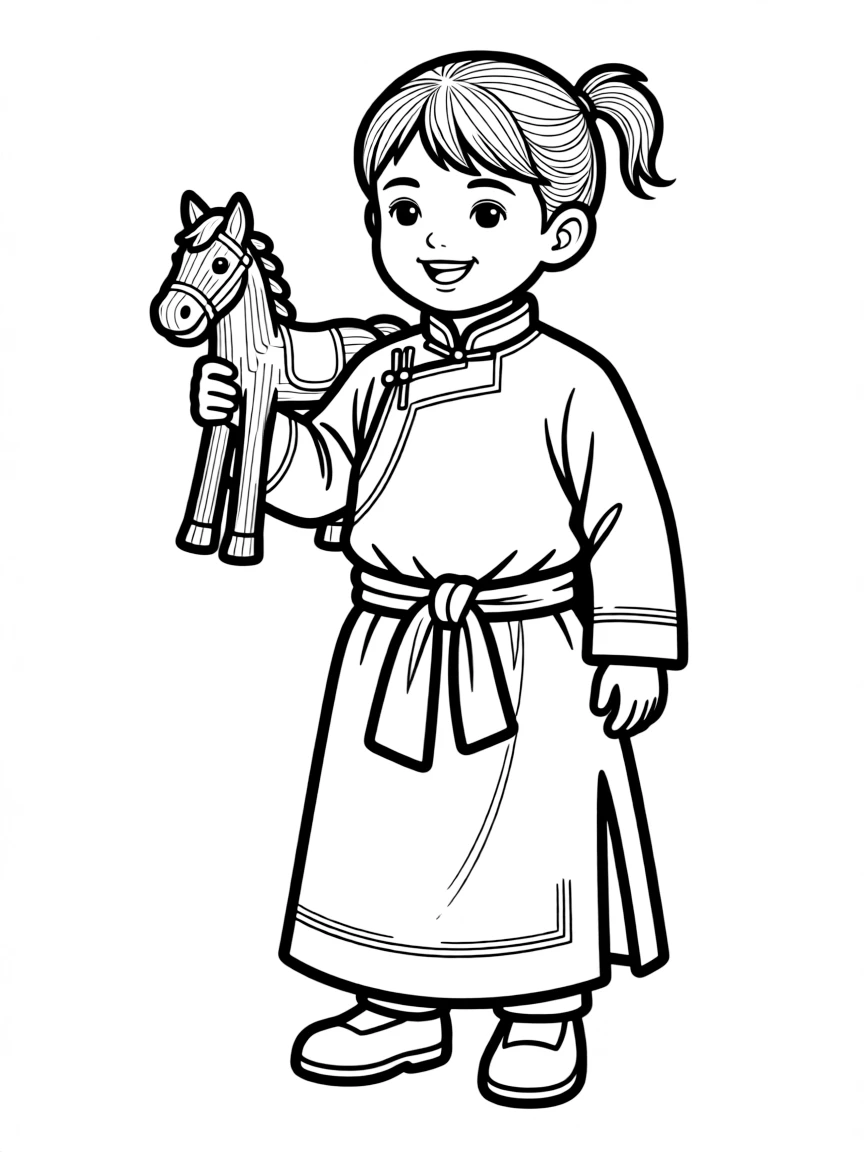 A Mongolian child in a simple brown deel, with a small toy horse.