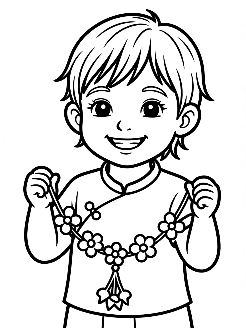 A Thai child in a simple golden top, with a small flower garland.