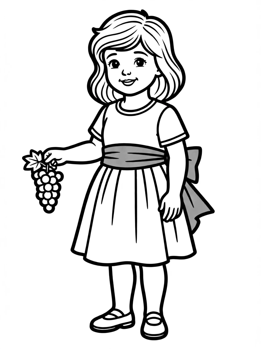 An Italian child in a simple white dress with a red sash, holding a small grape cluster.