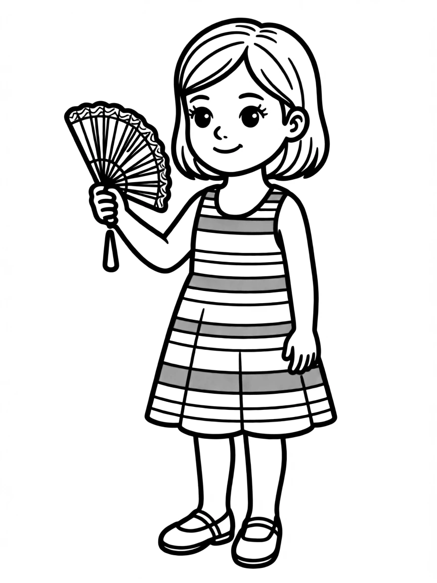 A Spanish child in a simple red and yellow striped dress, with a small fan.