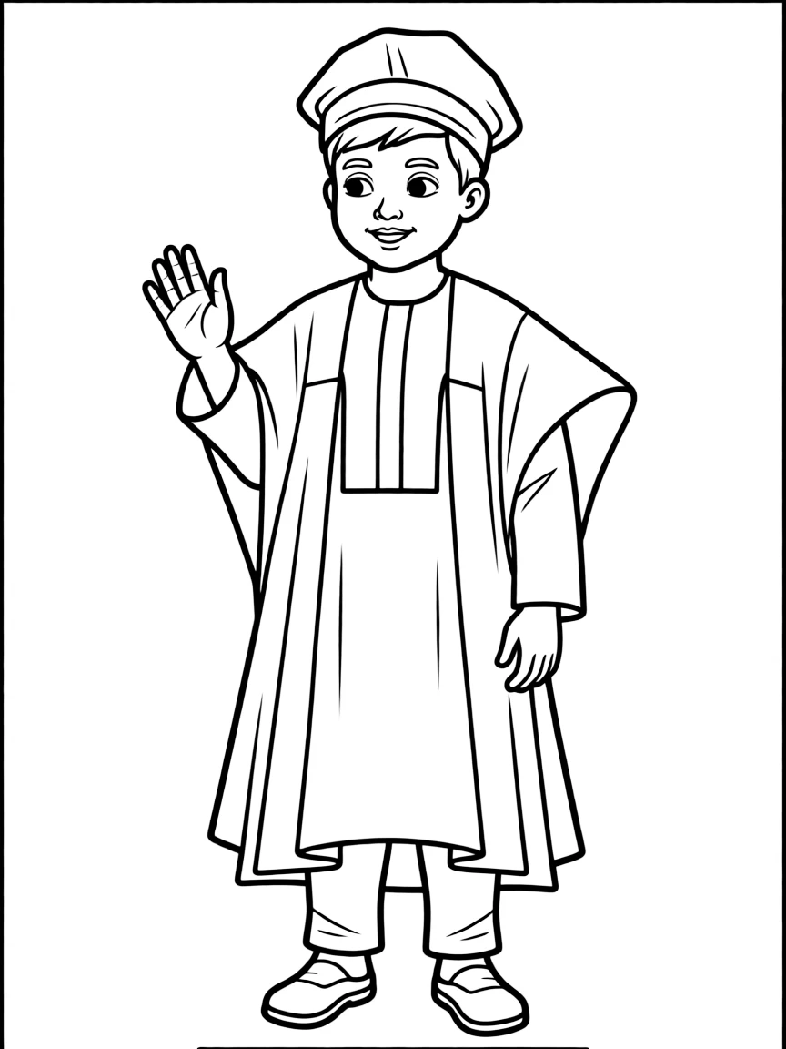 A Nigerian child in a simple blue agbada, with a small cap.