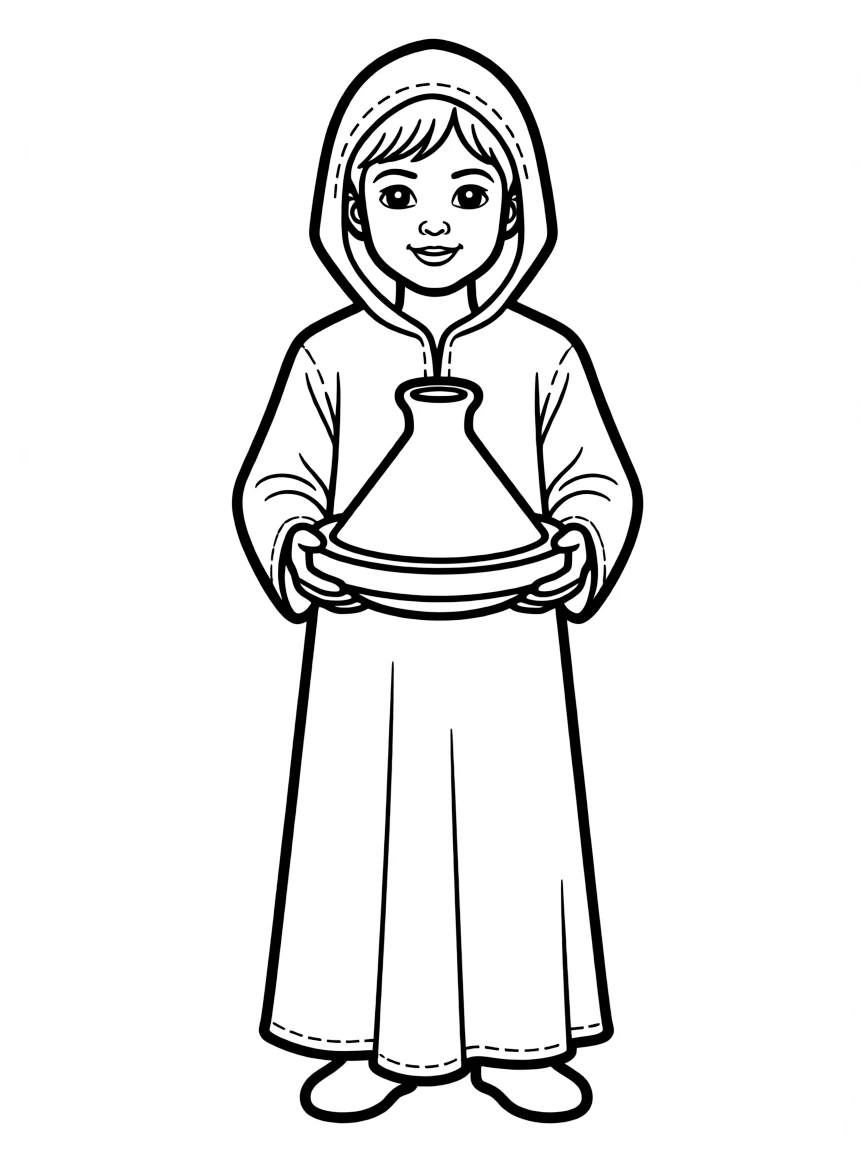 A Moroccan child in a simple green djellaba, with a small tagine.