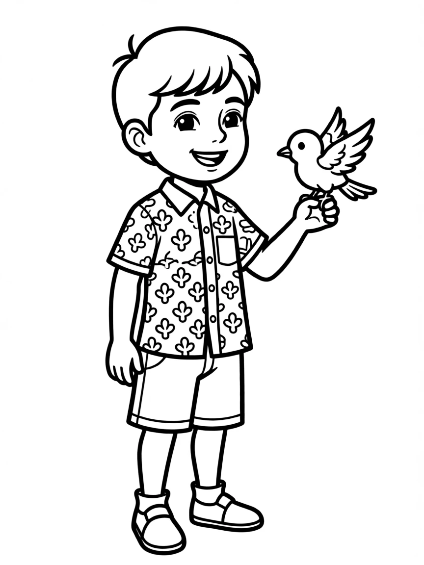 An Indonesian child in a simple batik shirt, with a small bird.