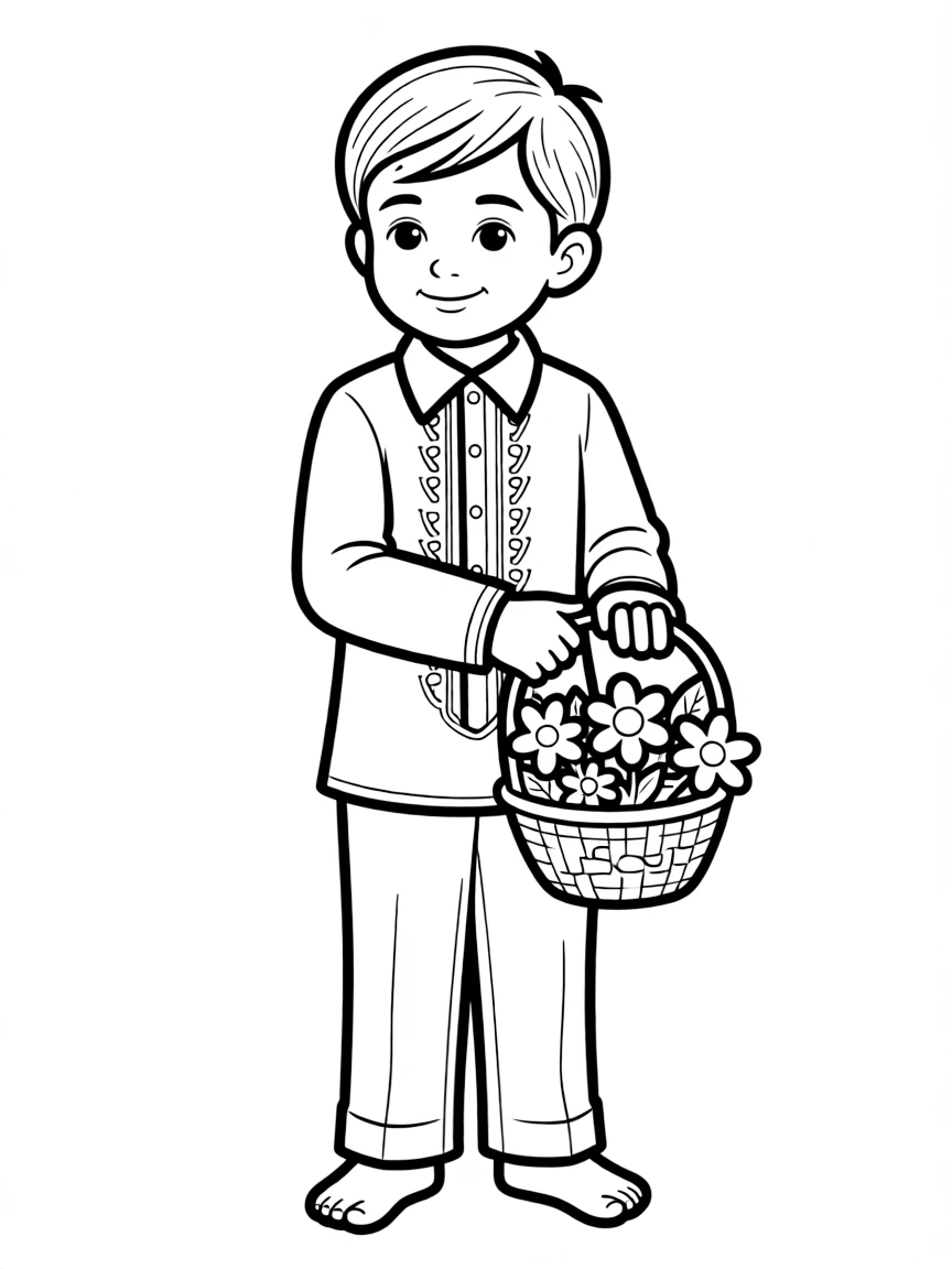 A Filipino child in a simple white barong Tagalog, with a small basket of flowers.