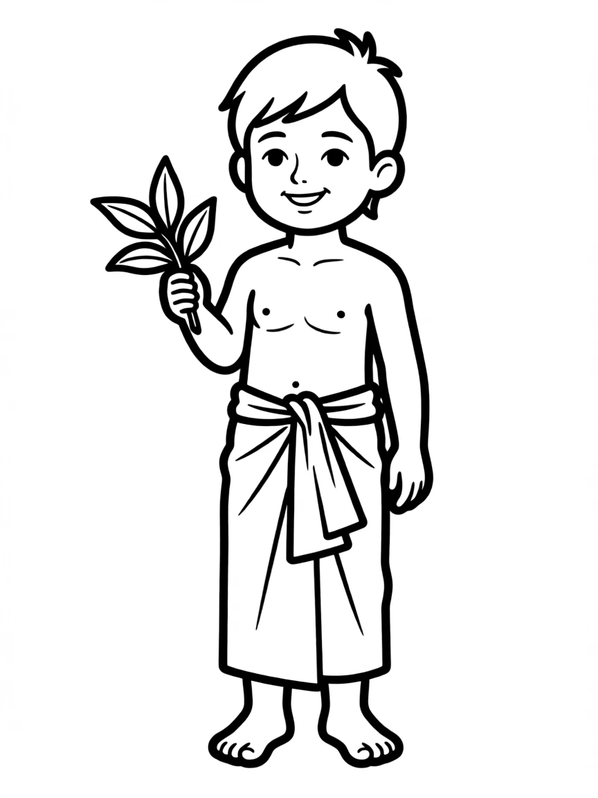 A Cambodian child in a simple orange sampot, with a small plant.