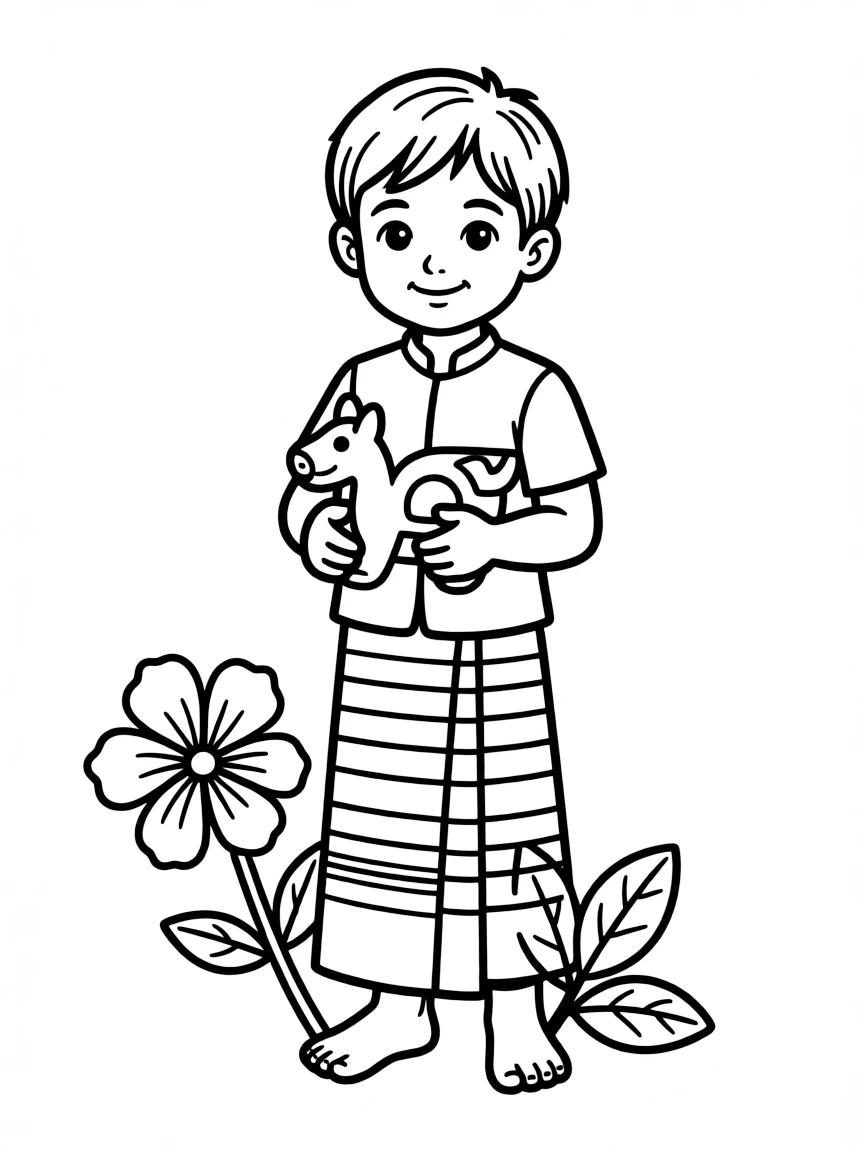 A Laotian child in a simple red sinh, with a small wooden toy.
