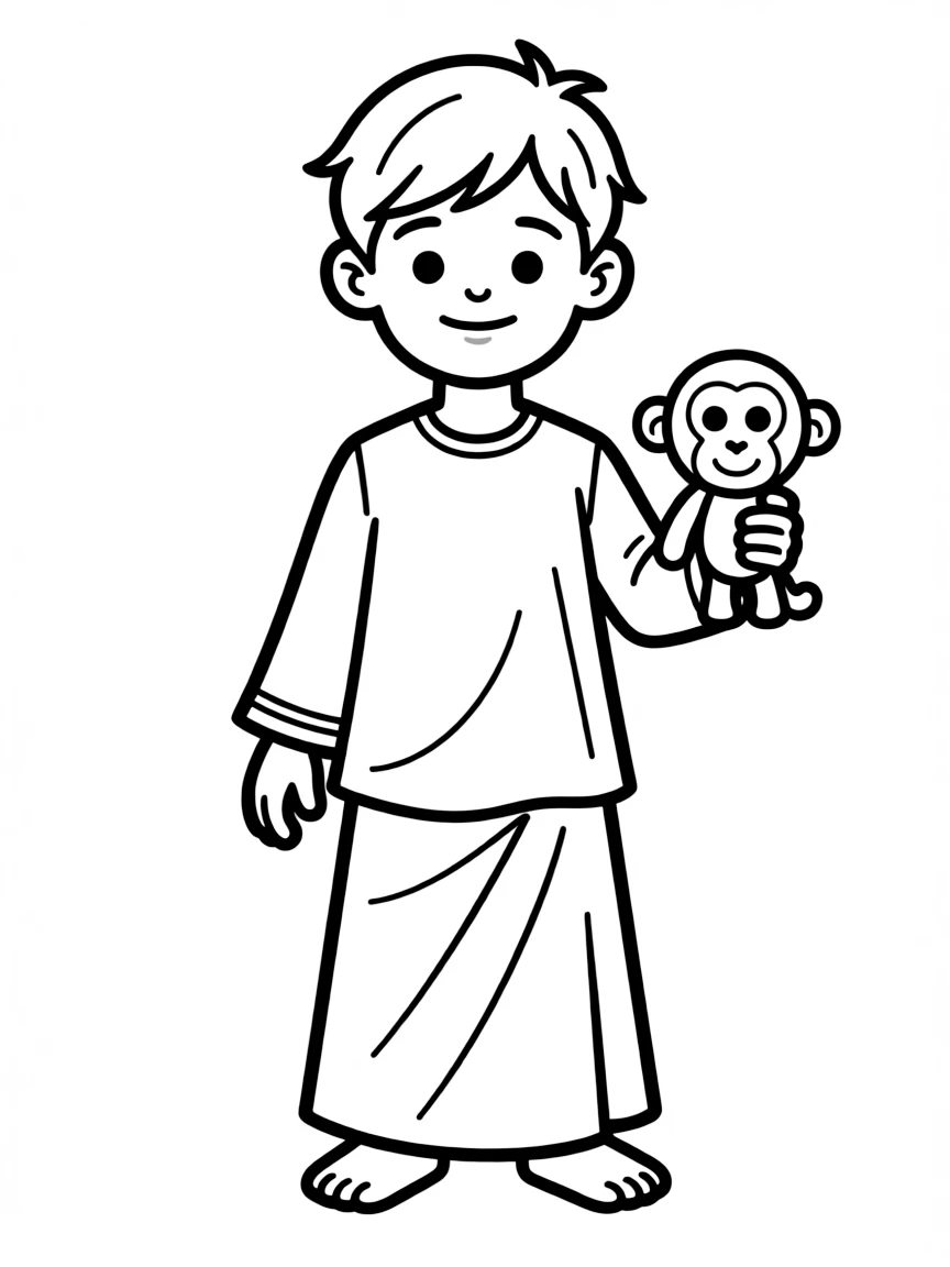 A Malaysian child in a simple blue baju kurung, with a small toy animal.