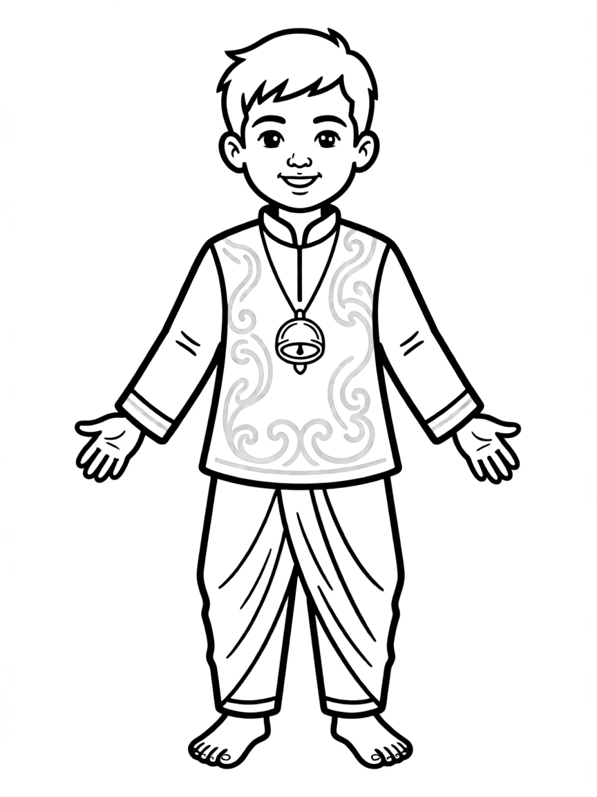 A Nepalese child in a simple red and gold daura suruwal, with a small bell.