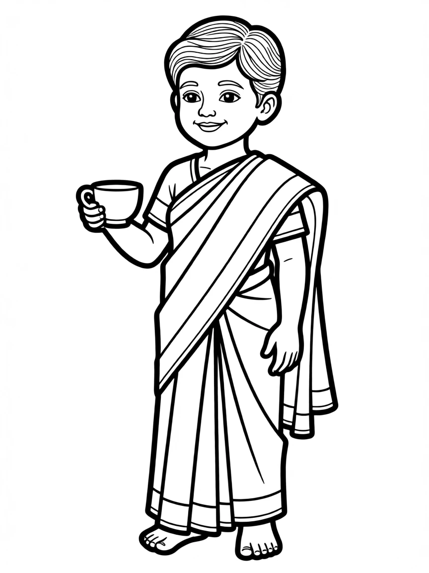 A Sri Lankan child in a simple purple sari, with a small tea cup.